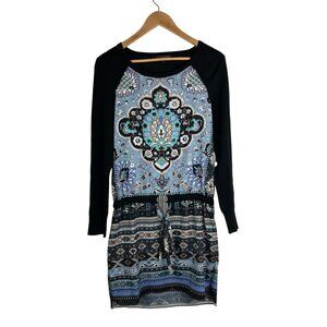 Hale Bob XS Long-Sleeve Bohemian Print Dress Tie Waist & Black Sleeves Rayon Ble